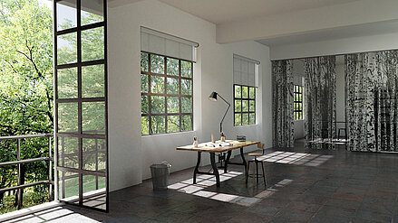 Büro mit Rollos und Flächenvorhängen im Birkenwald-Design „Harmony“ aus der MHZ Design Collection.