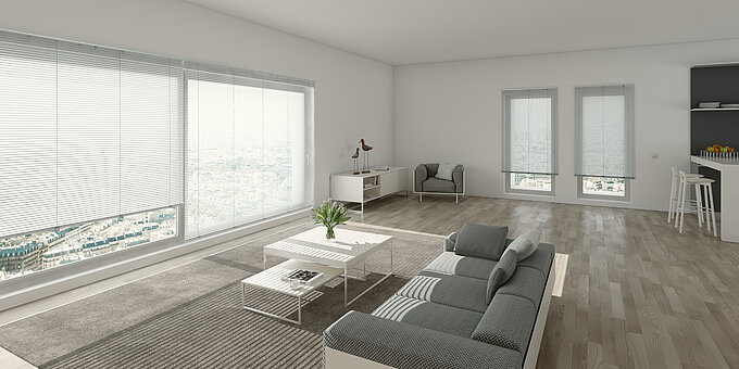 Wohnzimmer mit innenliegenden Jalousien in Grau. Horizontale Lamellen steuern das Tageslicht bei moderner Einrichtung.