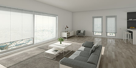 Wohnzimmer mit innenliegenden Jalousien in Grau. Horizontale Lamellen steuern das Tageslicht bei moderner Einrichtung.