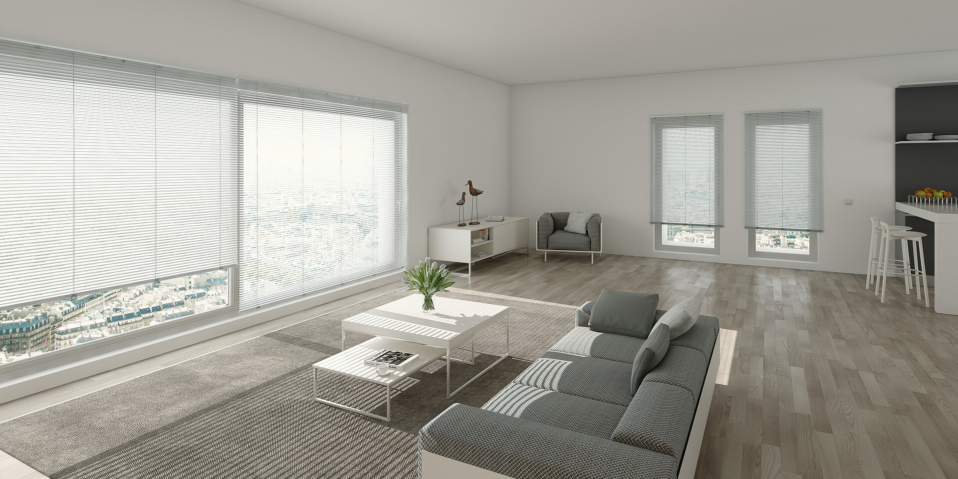 Wohnzimmer mit innenliegenden Jalousien in Grau. Horizontale Lamellen steuern das Tageslicht bei moderner Einrichtung.