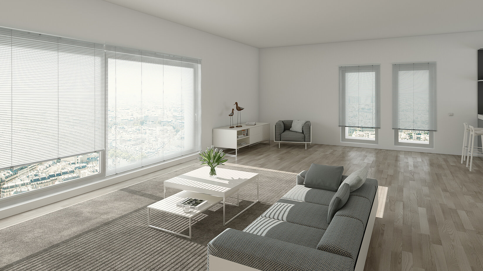 Wohnzimmer mit innenliegenden Jalousien in Grau. Horizontale Lamellen steuern das Tageslicht bei moderner Einrichtung.