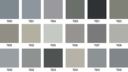 Raster mit verschiedenen neutralen Grautönen in drei Reihen nebeneinander