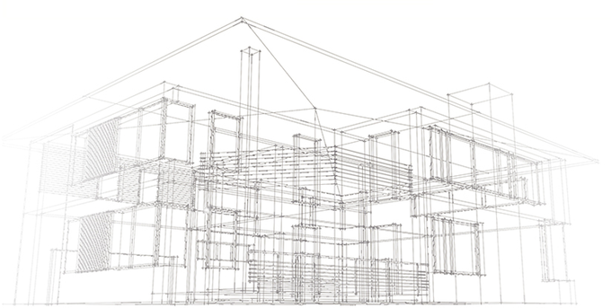 Transparente Drahtgitterzeichnung eines modernen Gebäudes in isometrischer Ansicht.