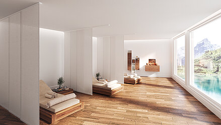 MHZ Flächenvorhang „Milieu“ als Raumtrenner in einem Spa-Bereich mit Holzliegen und Panoramafenster mit Bergblick.