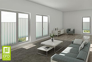 Ein modernes Wohnzimmer mit weissen Wänden, bodentiefen Fenstern und MHZ-Plissees im unteren Bereich als Sicht- und Blendschutz.