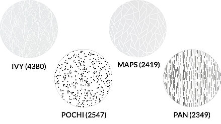 Collage mit vier Rollostoff-Designs der Pure Essence Kollektion: IVY (4380) mit Astmotiv, MAPS (2419) mit Linienstruktur, POCHI (2547) mit Punktmuster und PAN (2349) mit vertikalen Linien
