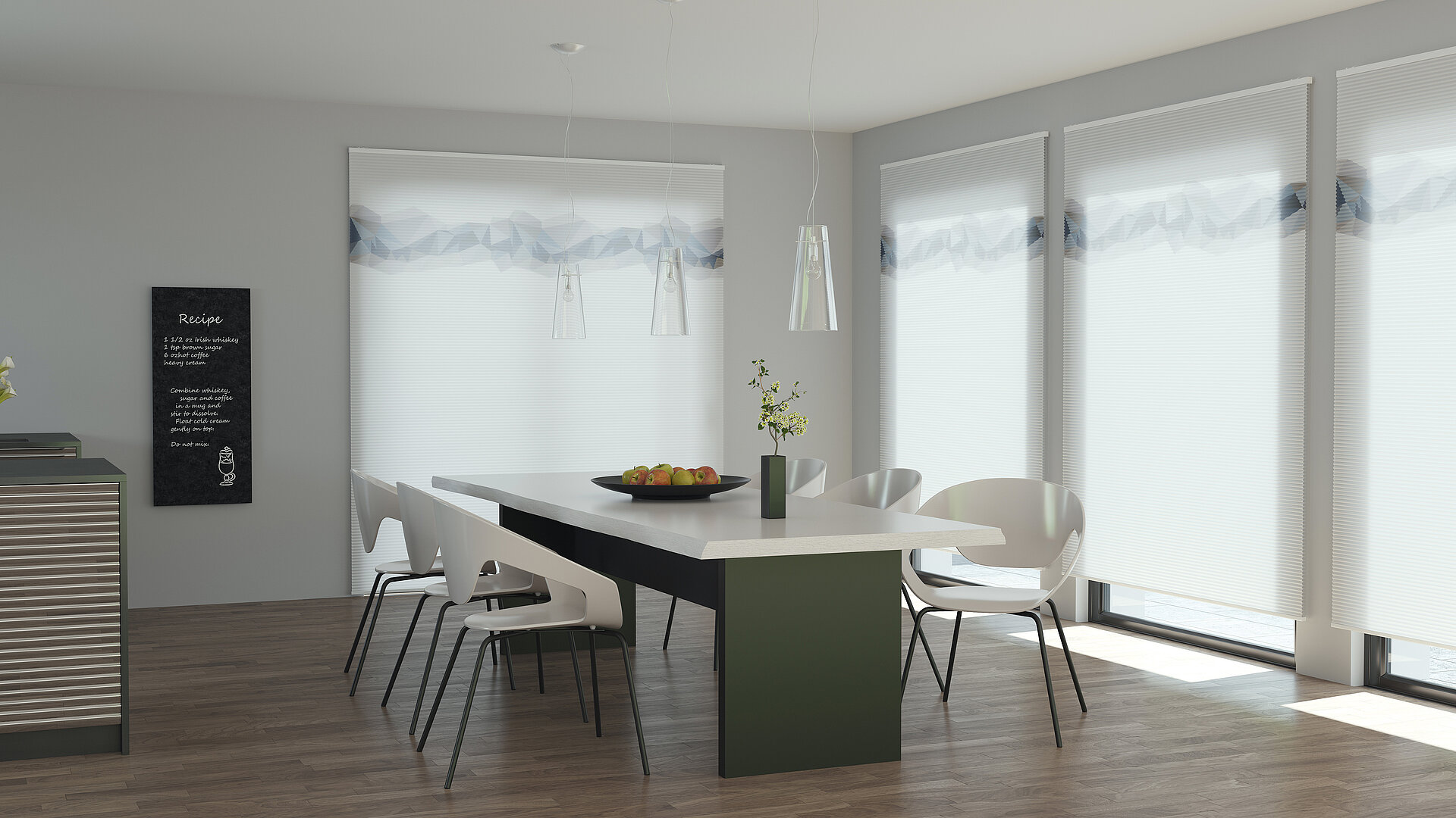 Moderner Essbereich mit grauen Wabenplissees an bodentiefen Fenstern