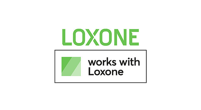 Logo „LOXONE“ mit Label „works with Loxone“ und grünem Quadrat auf weissem Hintergrund.