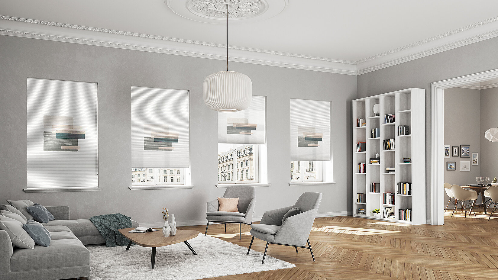 Wohnzimmer mit MHZ Duette® Wabenplissees im skandinavischen Streifendesign „Scandy“.