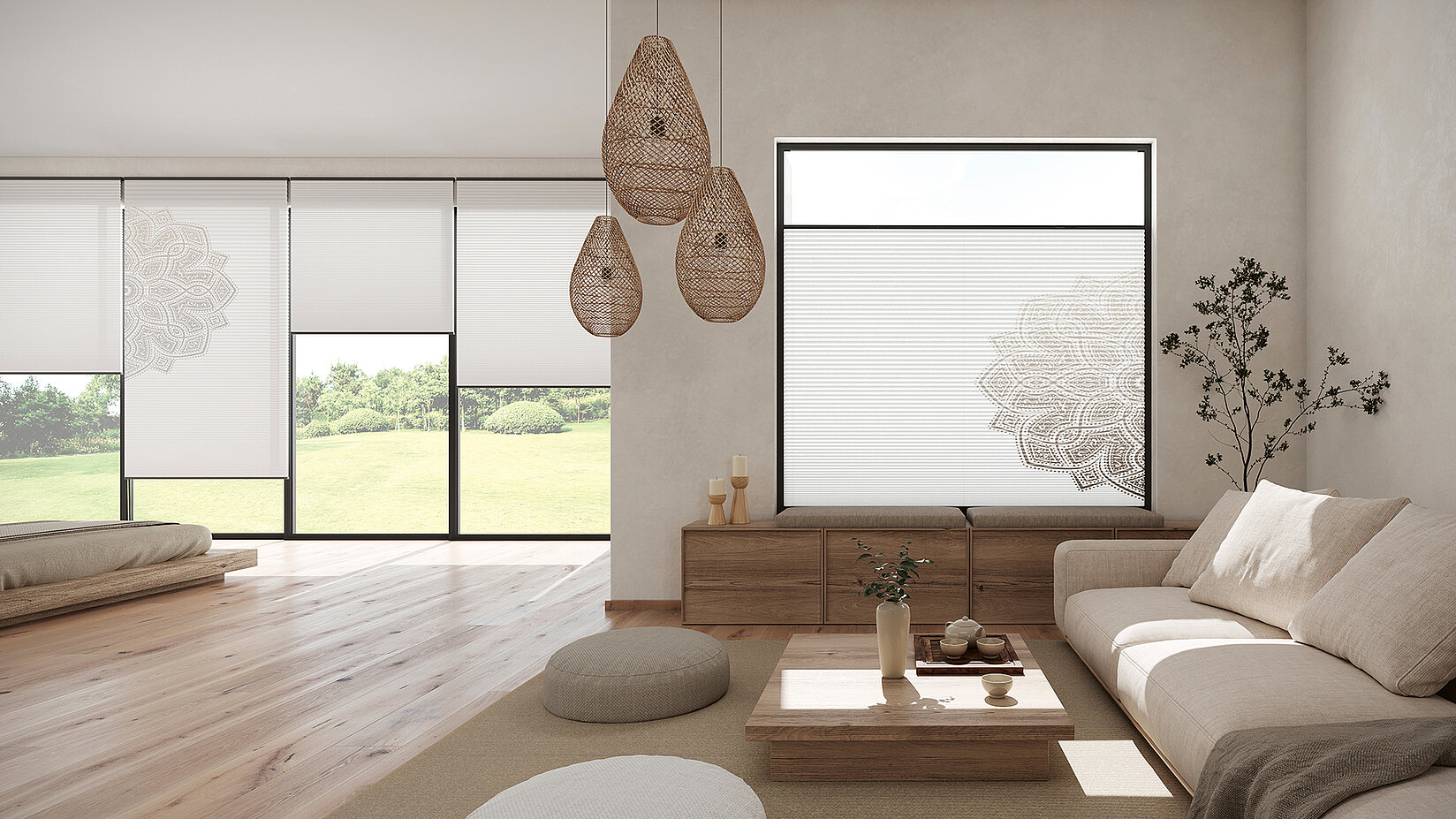 Wohnzimmer mit MHZ Wabenplissee im Mandala-Design in Japandi-Einrichtung.