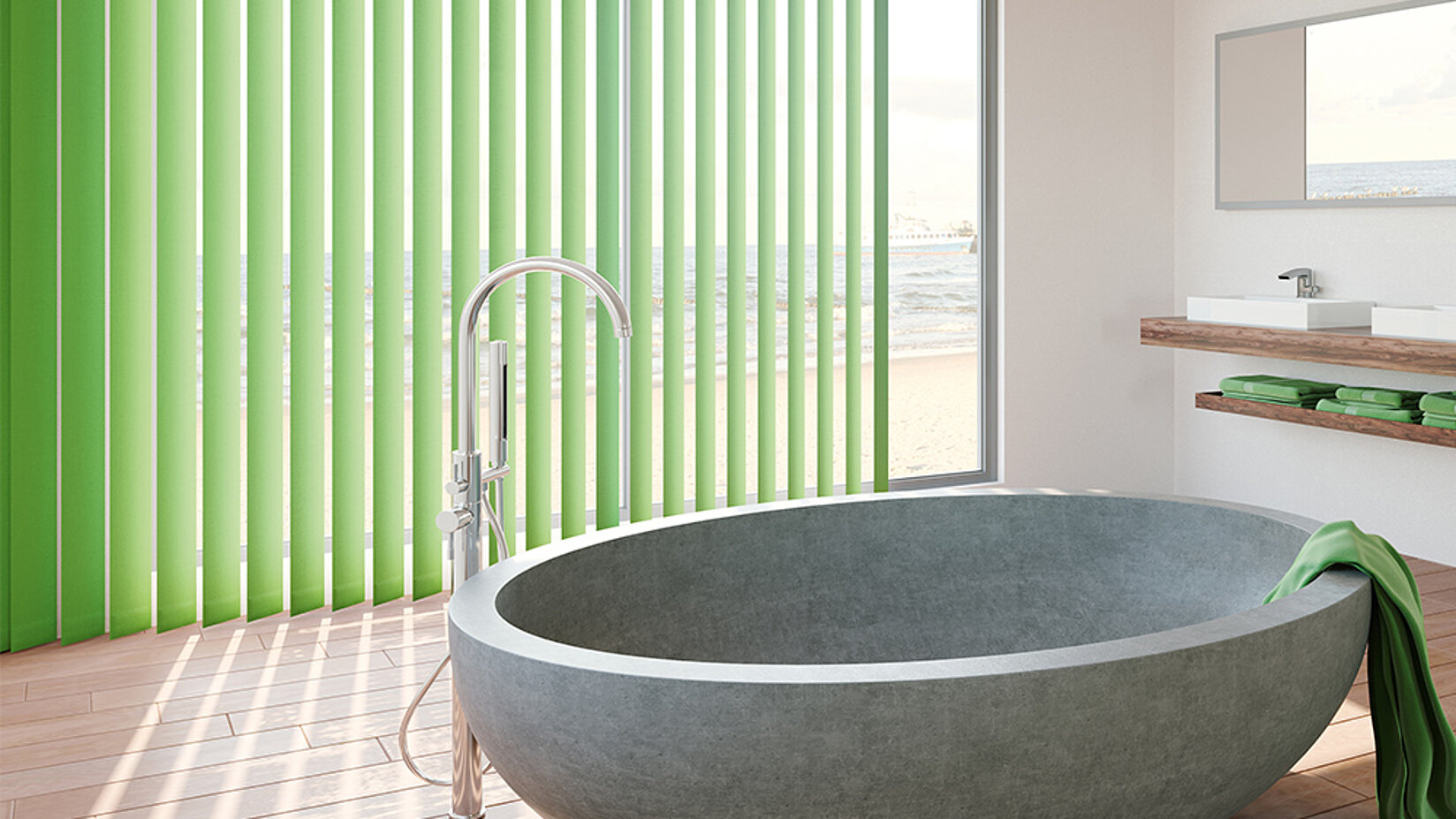 Badezimmer mit runder freistehender Steinbadewanne, grünem Lamellenvorhang am Fenster und Naturlicht