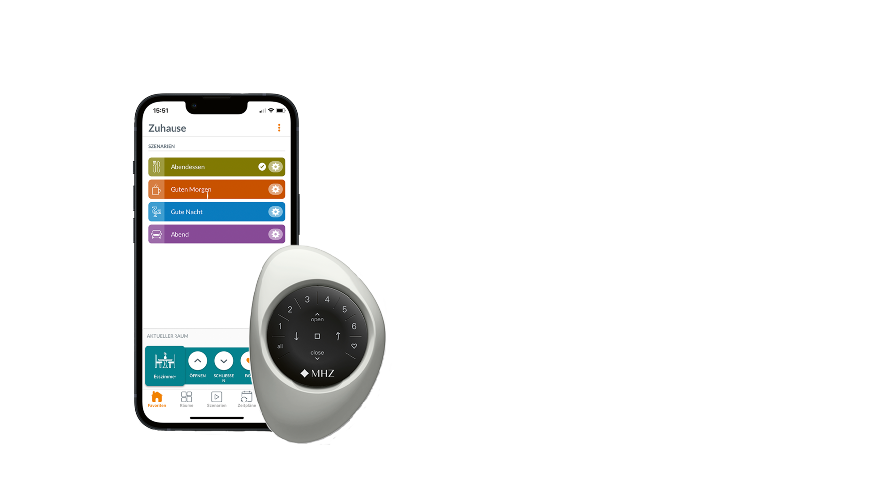 Smartphone mit PowerView-App und MHZ Pebble Funkhandsender zur Steuerung von Sicht- und Sonnenschutz.