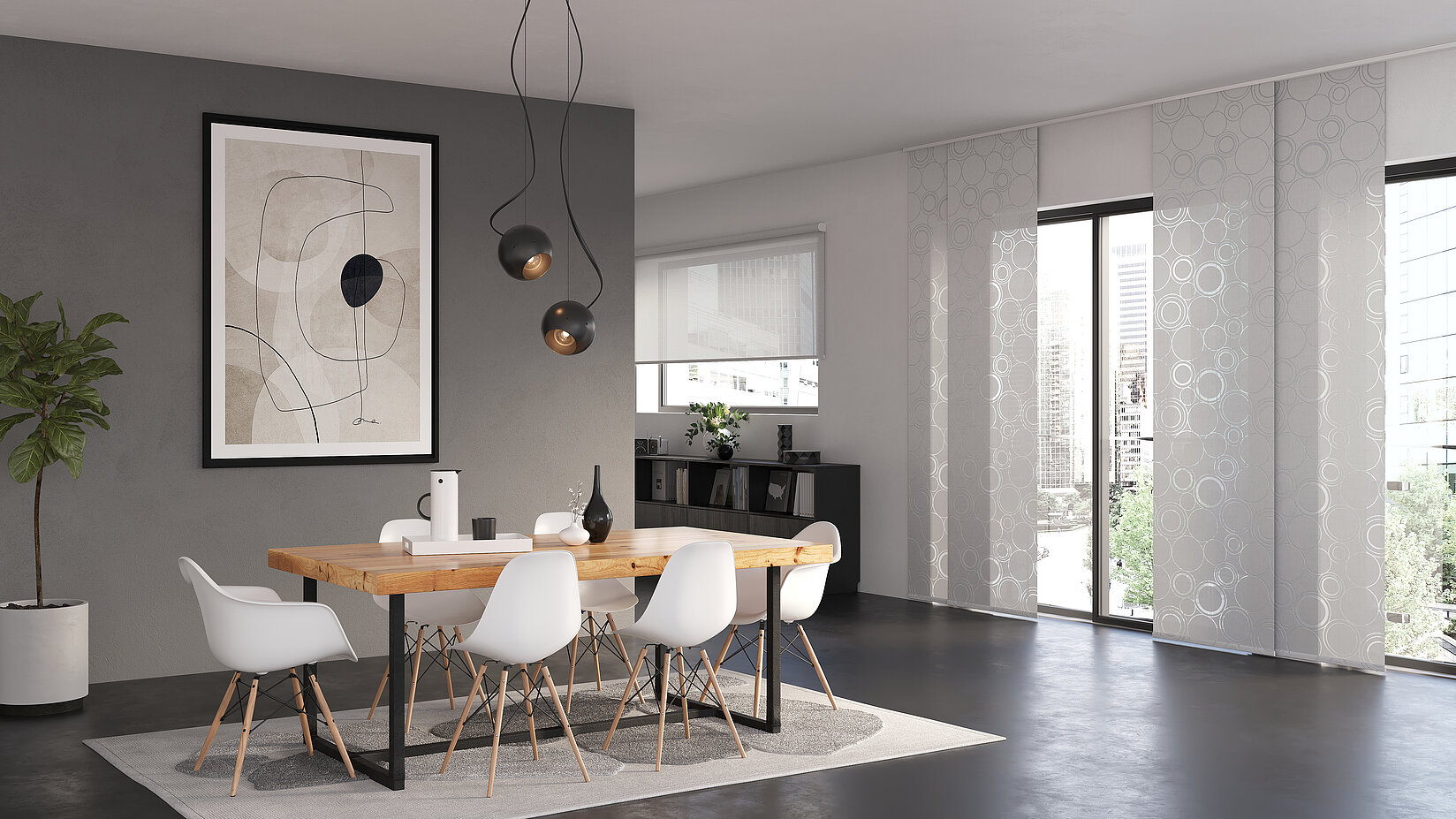 MHZ Flächenvorhang „Yuki“ in Weiss mit transparentem Kreismuster in einem modernen Esszimmer mit grossen Fensterflächen.