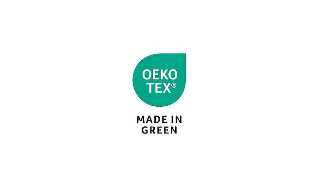 OEKO-TEX® MADE IN GREEN Siegel in grüner Tropfenform mit weissem Text.