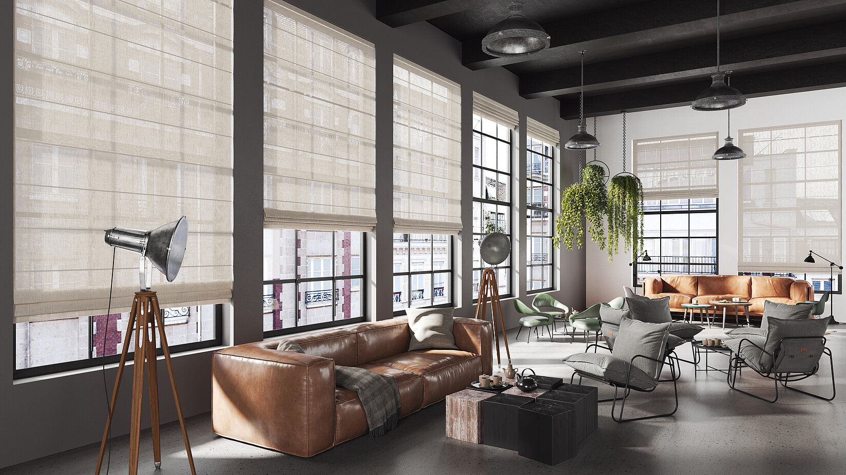 Grosszügiges Loft mit hohen Fenstern, ausgestattet mit halbtransparenten Raffrollos, modernem Industriedesign und stilvollen Möbeln.