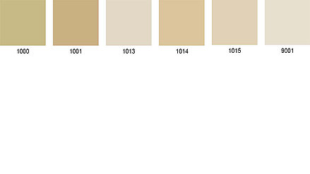 Sechs helle Farbfelder in Beige- und Cremetönen nebeneinander dargestellt