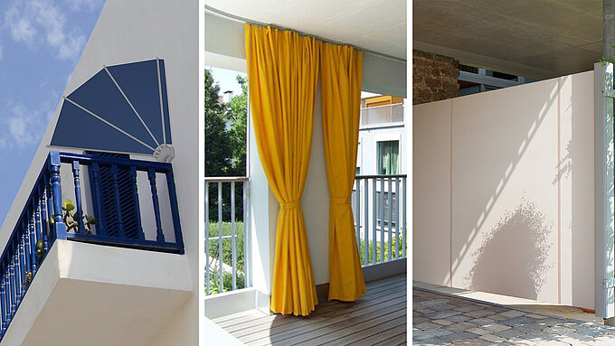 [Translate to Französisch:] MHZ Unterschied Sichtschutzfächer - Balkonvorhang Seitenmarkise