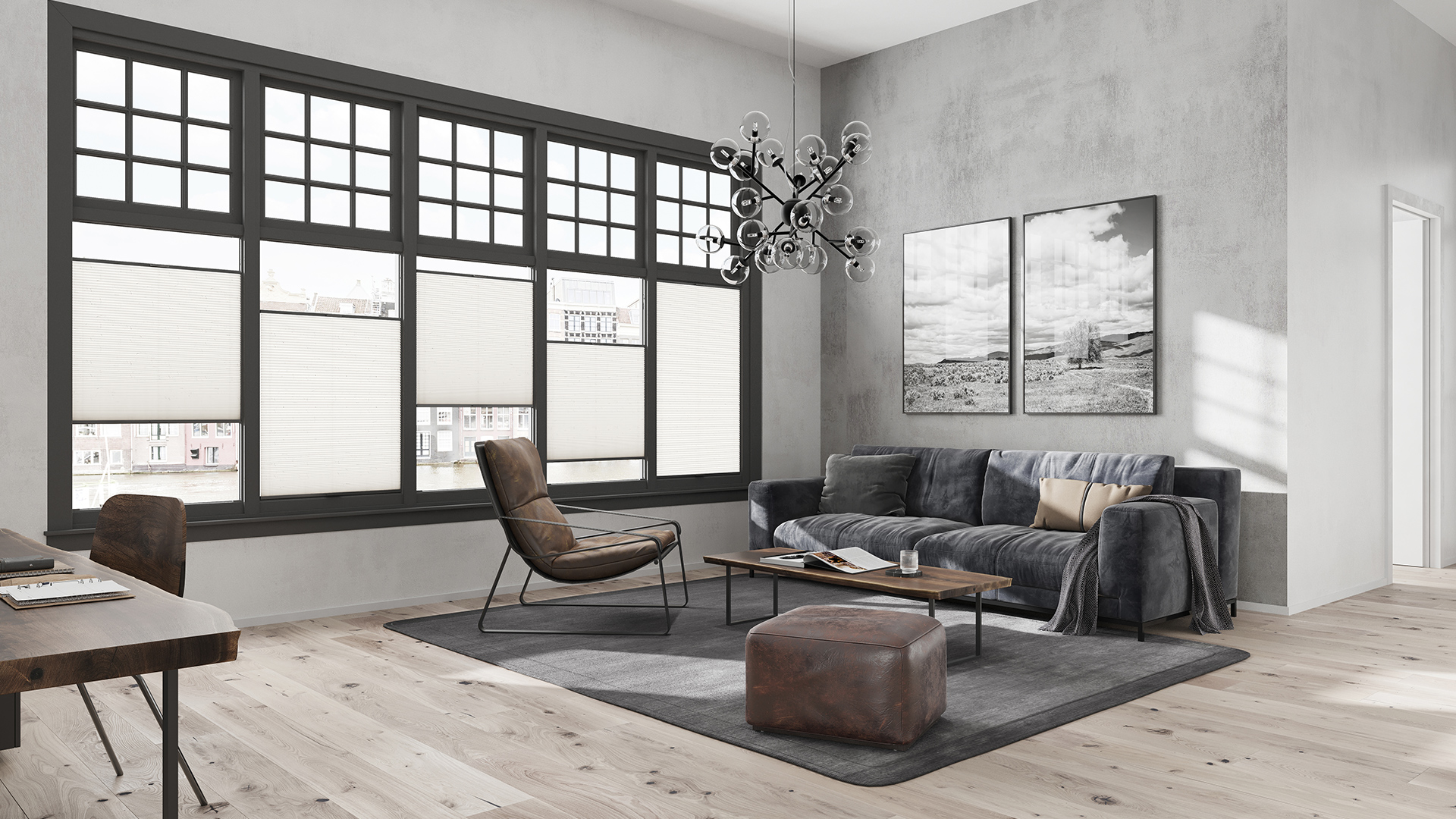 Graues Wohnzimmer mit MHZ Duette® Wabenplissee „Angelhair 8222“ an grossen Sprossenfenstern.