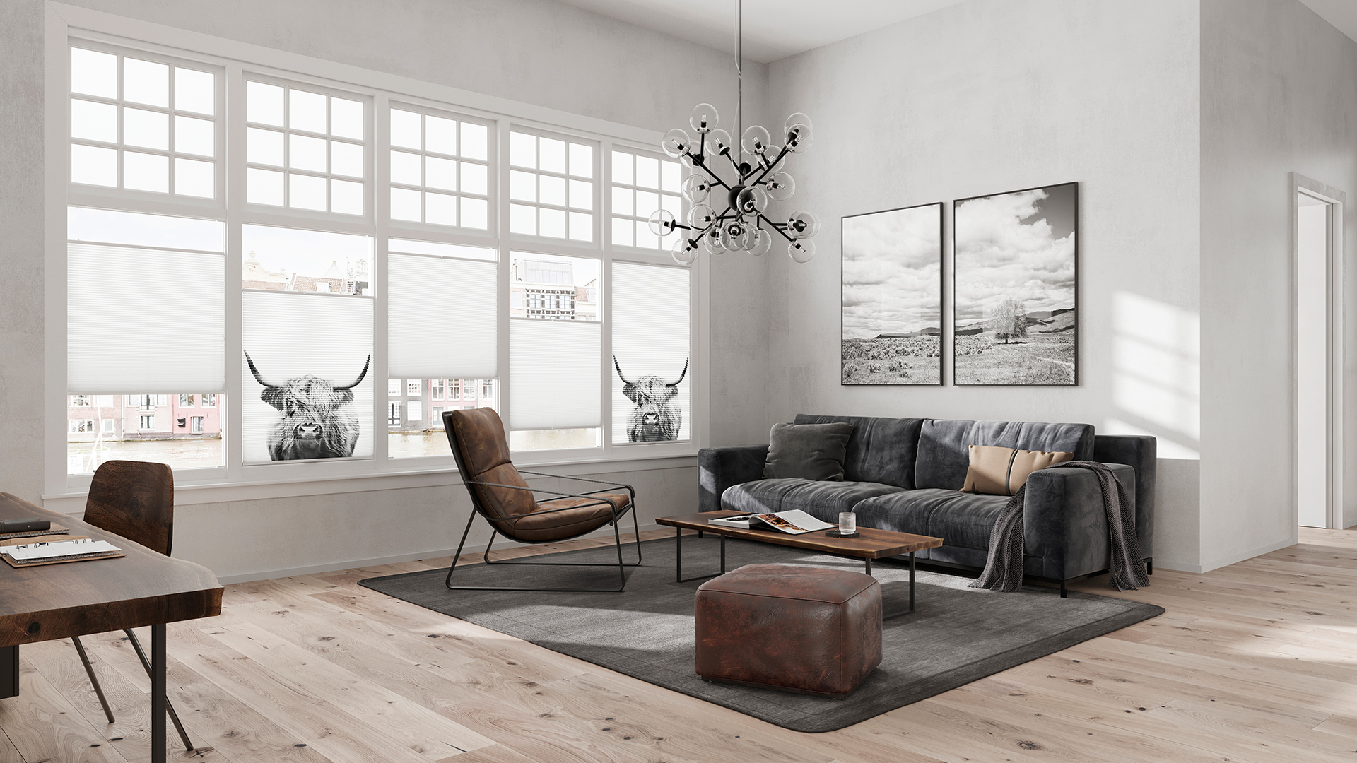 Wohnzimmer mit MHZ Duette® Wabenplissees im Tiermotiv-Design „Russell“ mit Highland-Kühen.